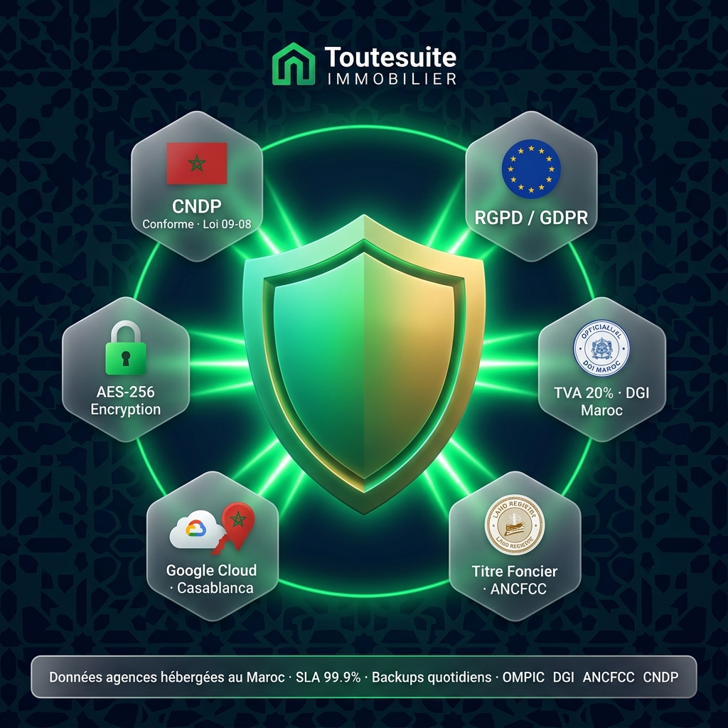 ToutSuite Immobilier — Vos données clients protégées au Maroc (CNDP, RGPD, DGI, TVA 20%)